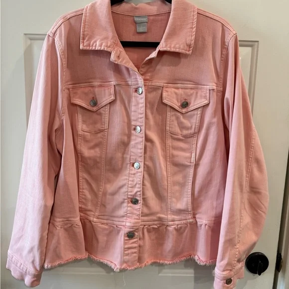 Chico's Soft Pink Denim Jacket with Frayed Peplum Hem - Picture 1 of 7
